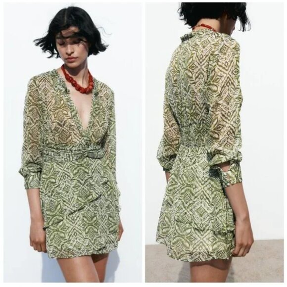 NWOT Zara Green and White Printed Mini Dress Size Large - Picture 3 of 10